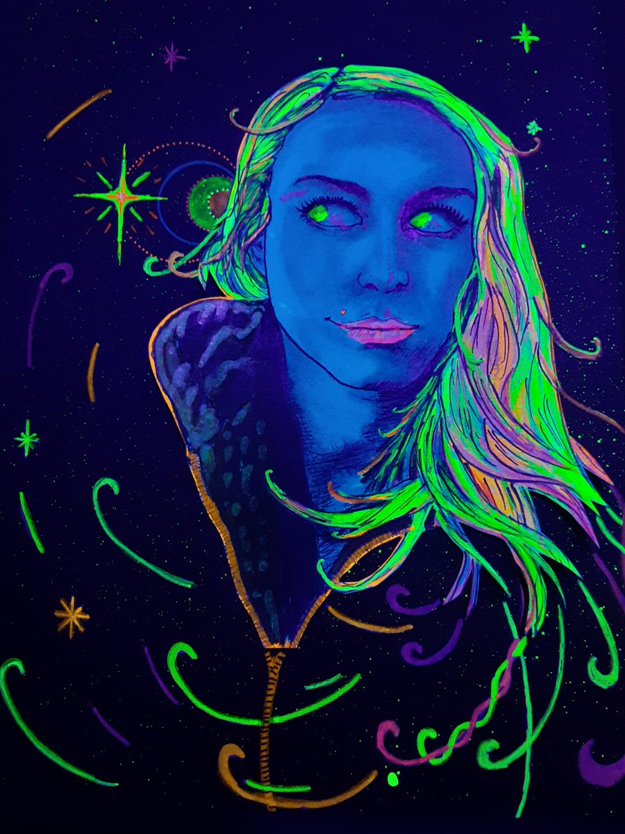 EyeMatter's tweet photo. Ive yet to move into the digital realm of drawing, especially after years of working with neon's and blacklight paint to make regular drawings look as if digitally created. nor have   I ever sold any of these, i gave them away to the person they depict. how can i make these NFTs? https://t.co/dRg5eTPCha