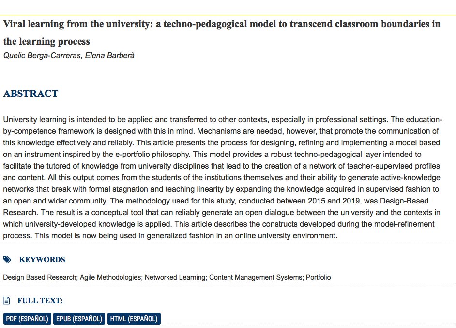 Research in Education & Learning Innovat. Archives (@realia10174486) on Twitter photo NEW: #Virallearning from the #university: a #technopedagogical model to transcend classroom boundaries in the #learningprocess
By: Quelic Berga-Carreras, Elena Barberà <a href="/UOCuniversitat/">UOCuniversitat</a>
doi.org/10.7203/realia…
cc <a href="/IN3_UOC/">The Internet Interdisciplinary Institute (IN3)</a> NEW: #Virallearning from the #university: a #technopedagogical model to transcend classroom boundaries in the #learningprocess
By: Quelic Berga-Carreras, Elena Barberà <a href="/UOCuniversitat/">UOCuniversitat</a>
doi.org/10.7203/realia…
cc <a href="/IN3_UOC/">The Internet Interdisciplinary Institute (IN3)</a>