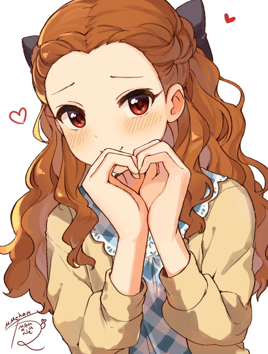 1girl solo heart heart hands blush brown hair long hair  illustration images