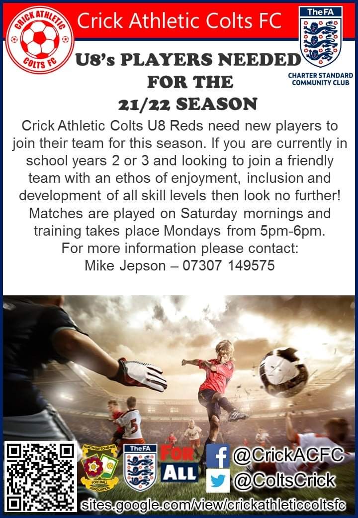 ColtsCrick's tweet photo. In school year 2 or 3 and looking for a friendly team? Then look no further! @SKprimary @crickprimaryPE @WestHaddonPri @yelvertoftprim1 @The_NDYAL @NorthantsFA https://t.co/qeHECmt0XV