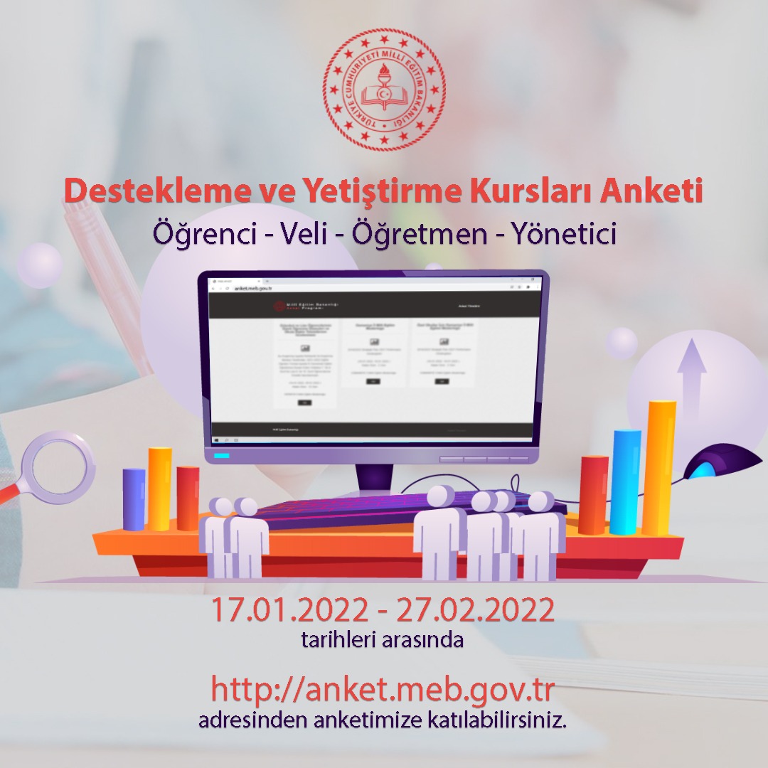 📣Destekleme ve yetiştirme kurslarına yönelik olarak <a href="/meb_ogm/">Ortaöğretim Genel Müdürlüğü</a> tarafından yapılan saha araştırmasına kaynaklık etmek amacıyla uygulanan ankete öğrenci, öğretmen, idareci ve velilerimiz katılabilir.

👉🏻 anket.meb.gov.tr

<a href="/tcmeb/">Millî Eğitim Bakanlığı</a> <a href="/yilmaznazif/">Nazif Yılmaz</a> <a href="/nevsehirvalilik/">T.C. Nevşehir Valiliği</a> <a href="/MemetPolat0247/">Memet Polat</a>