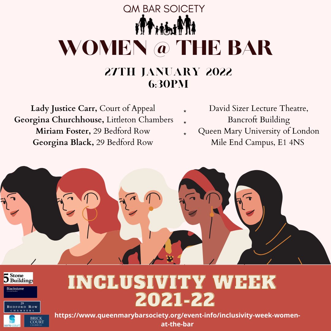 We have our ‘Women at the Bar’ panel on January 27th, at 6:30pm. Our panellists will speak about their experiences of pursuing a career at the  Bar

Link to RSVP: queenmarybarsociety.org/event-info/inc…

#lawstudent