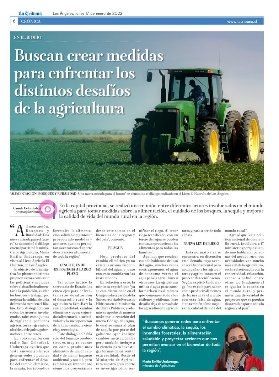 ➡️PRENSA🗞️| Las ediciones de <a href="/elsurcl/">Diario El Sur</a> y <a href="/latribunacl/">Diario La Tribuna</a> informan sobre las medidas para enfrentar los desafíos de la agricultura🌾👨‍🌾 a través de <a href="/MinagriCL/">Ministerio de Agricultura de Chile 🇨🇱</a>, tras visita al Biobío de ministra <a href="/meryundurraga/">M. Emilia Undurraga</a>. 

Todos los detalles⬇️
elsur.cl/impresa/2022/0…
diario.latribuna.cl/reader/17-01-2…