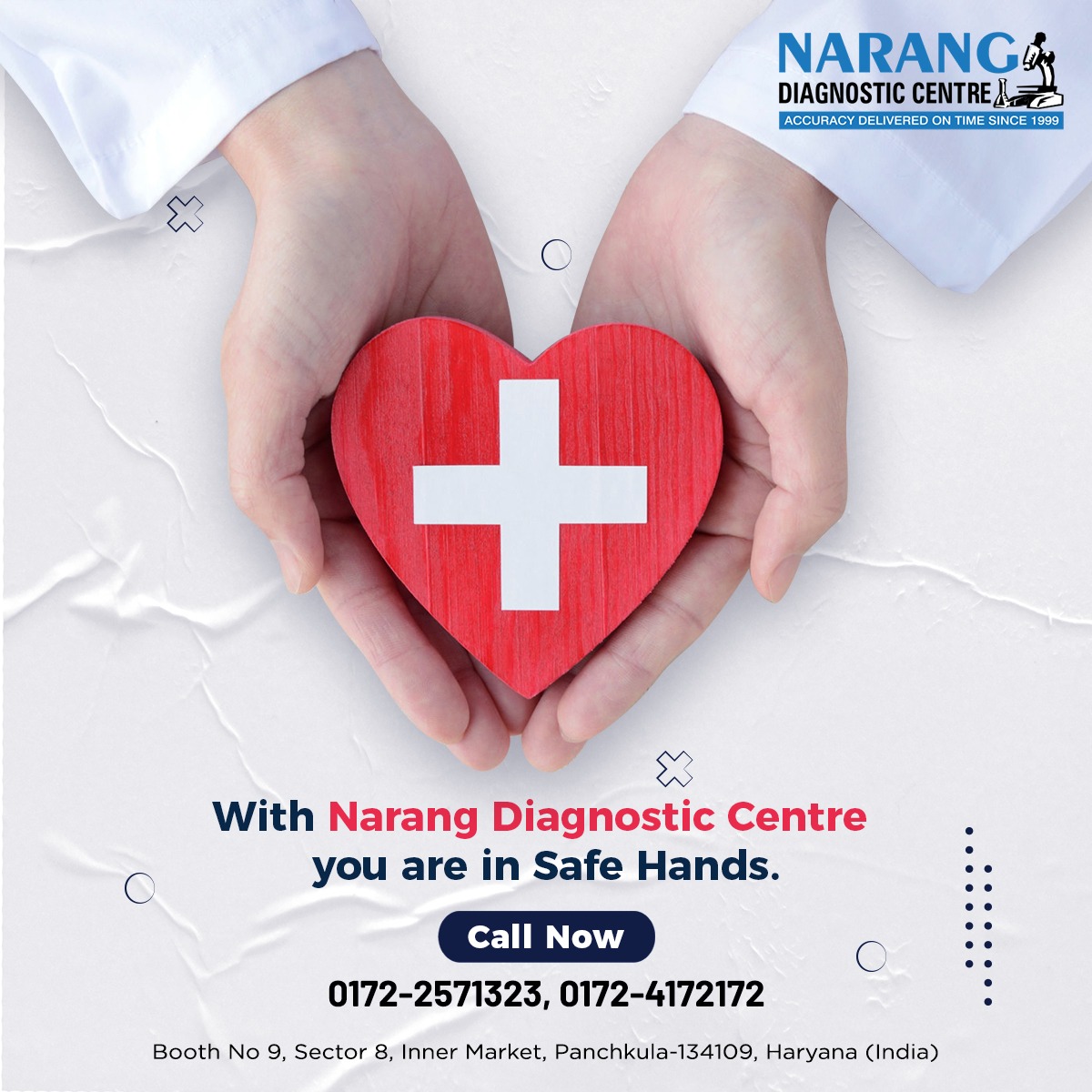 With 𝗡𝗮𝗿𝗮𝗻𝗴 𝗗𝗶𝗮𝗴𝗻𝗼𝘀𝘁𝗶𝗰 𝗖𝗲𝗻𝘁𝗿𝗲 You are in safe hands. Get your Tests done today and Make yourself & Your Family secure with us.

Book your #HealthCheckup now. 0172-2571323 or 0172-4007070

#Healthpackage #Diagnosticcentre #Trusteddiagnosticcentre