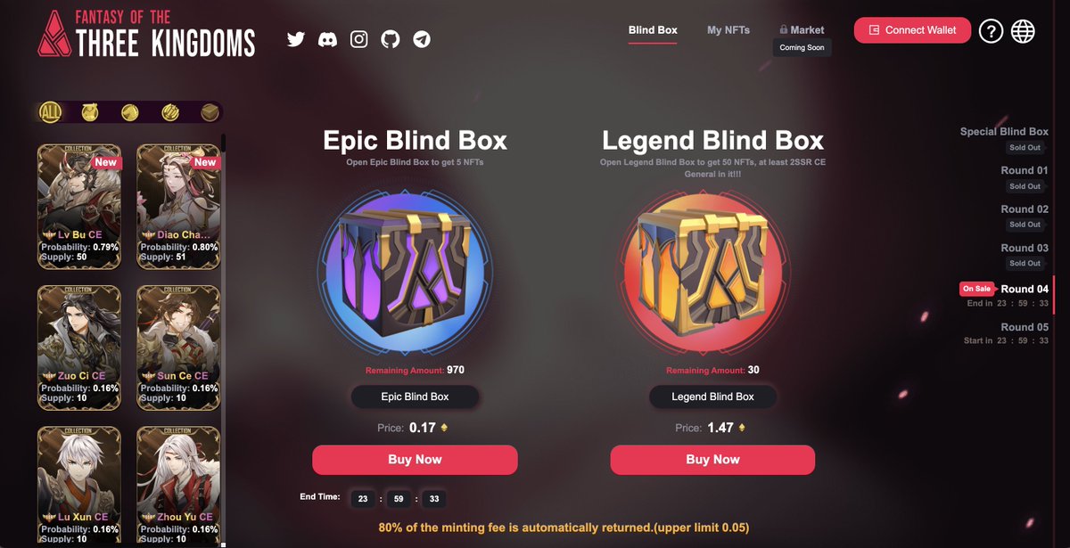 Fantasy_3k's tweet photo. FANTASY3K #NFT SALES ROUND 4 STARTS!! 

Come and get exquisite generals, mounts, and equipment #NFT on our #MarketPlace: https://t.co/40nJ3zC66v

Starting from the Round 3, the gas consumption of the Blind Box you purchased will be automatically refunded. https://t.co/VlgPaujcPe