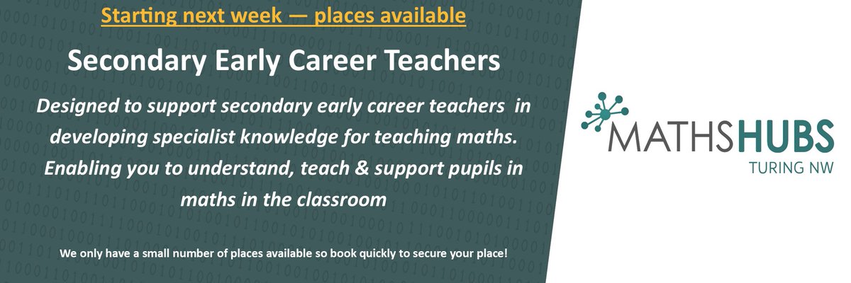 Don't forget we still have a small number of spaces available on our Specialist Knowledge for the Teaching of Maths Secondary Early Career Teachers Work Group, which is due to start next week.

Find out more & reserve your place on the following link...
https://t.co/qqDIQfEwjo
