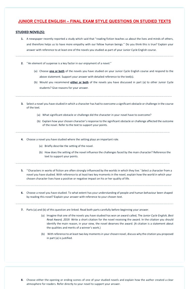 Have compiled all past paper and mock paper questions on studied texts into the one document for #JuniorCycle #English might be useful for those teaching 3rd Years. #edchatie 

Link is here ⬇️ drive.google.com/drive/folders/…