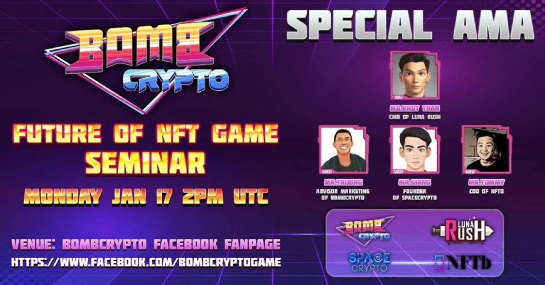 BombCryptoES's tweet image. 🔥LIVESTREAM: SEMINARIO DE JUEGOS FUTURO DE NFT🔥
🔷BOMB CRYPTO x LUNA RUSH x SPACE CRYPTO x NFTB

En este AMA, el Sr. Truong Do, asesor de marketing de Bombcrypto (gerente de la industria de juegos en Google South East Asia), se unirá para hablar con nuestros socios del proyecto
