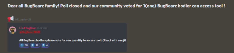 Bug_Bearz's tweet photo. 🚨Poll closed. Community voted.🚨

1(one) BugBearz hodler now access tool ! 🏆

Community everything. ❤️

#SolanaNFTs #Solana #SolanaNFT #NFTs https://t.co/nXE624NUCz