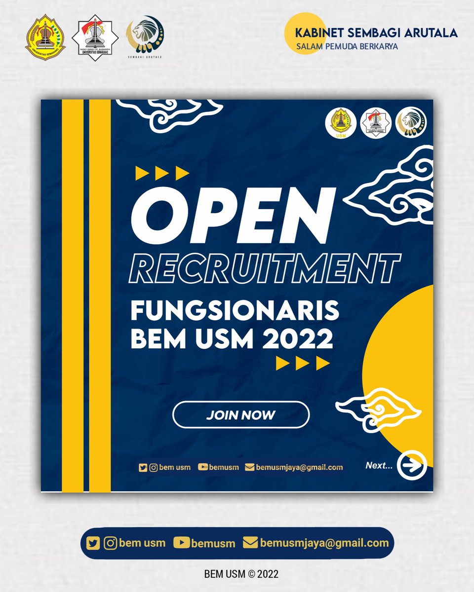 BEMUSM's tweet photo. Hello guys !!!  
BEM USM lagi open recruitmen fungsionaris loh. hayo siapa yang kemarin pengen join tapi belum kesampaian? pengen memperluas relasi dan menambah pengalaman berorganisasi? Join with us!!! 

Caranya langsung klik link berikut : 
https://t.co/d8mJiE9yDe https://t.co/vxn4qcDJpl