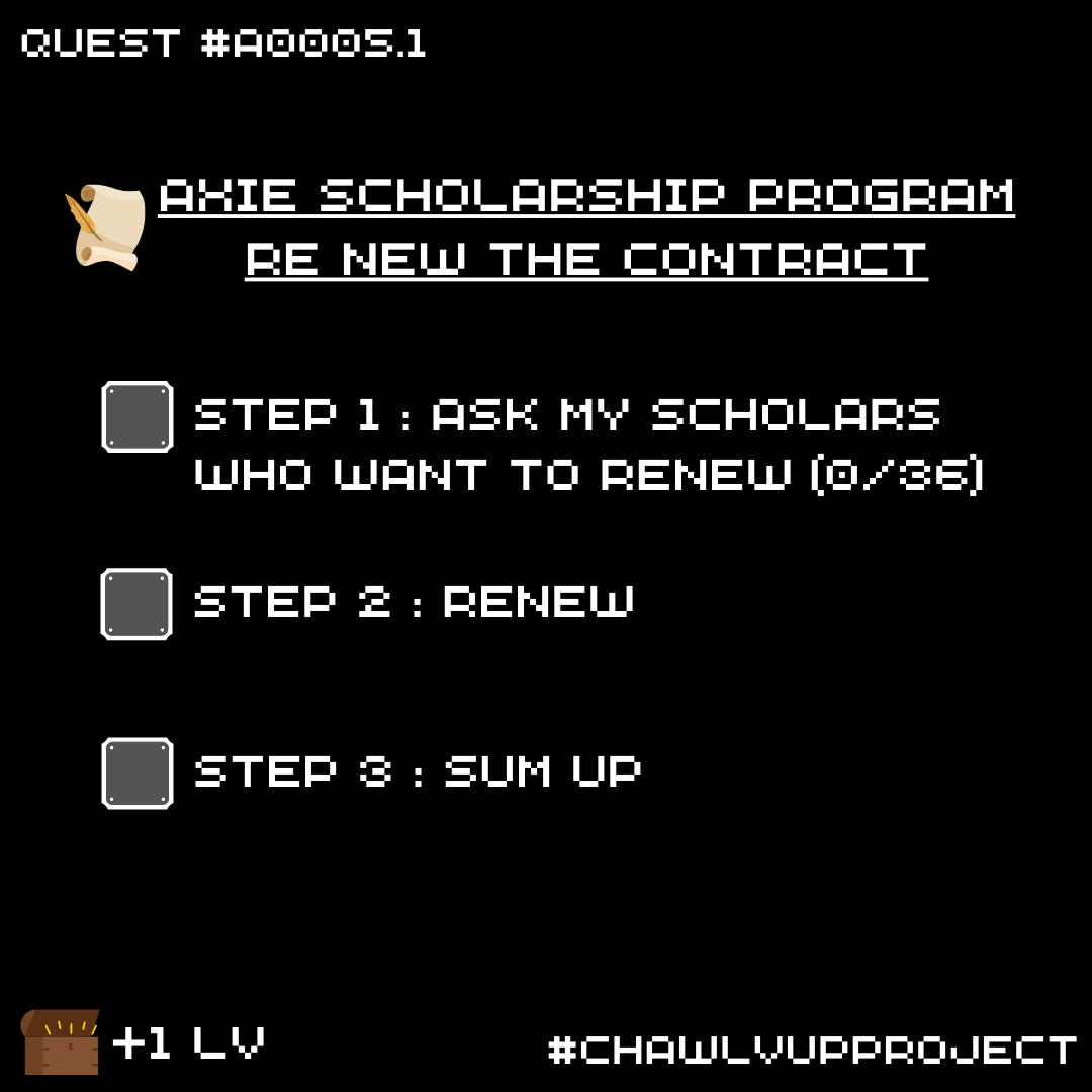 chawlvup's tweet photo. Hi every one I just accept a new quest as a axie manager. this quest is for tomorrow. Cant wait to clear this one. And I hope my scholar still want to play with me.

Quest#A0005.1
Reward : +1 LV

#CHAWLVUPPROJECT
#AxieInfinity #AxieScholarship #AxieManager #gamefi #play2earn #nft https://t.co/cKHFNdEqjf