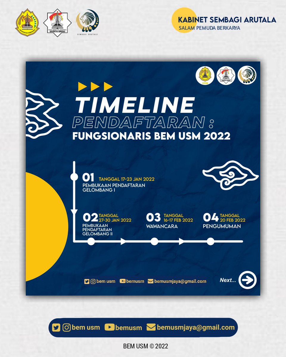 BEMUSM's tweet photo. Hello guys !!!  
BEM USM lagi open recruitmen fungsionaris loh. hayo siapa yang kemarin pengen join tapi belum kesampaian? pengen memperluas relasi dan menambah pengalaman berorganisasi? Join with us!!! 

Caranya langsung klik link berikut : 
https://t.co/d8mJiE9yDe https://t.co/vxn4qcDJpl