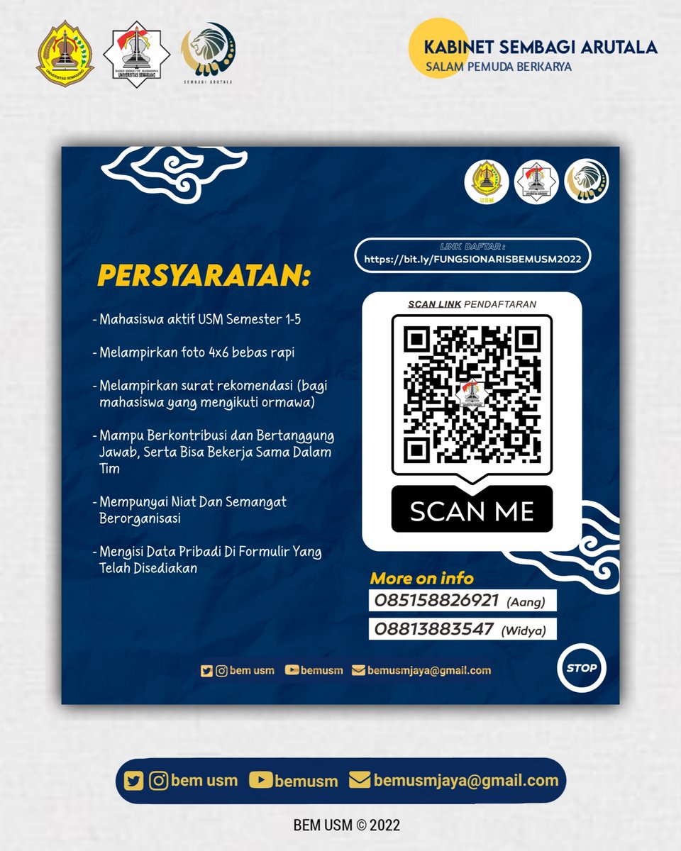 Hello guys !!!  
BEM USM lagi open recruitmen fungsionaris loh. hayo siapa yang kemarin pengen join tapi belum kesampaian? pengen memperluas relasi dan menambah pengalaman berorganisasi? Join with us!!! 

Caranya langsung klik link berikut : 
bit.ly/FUNGSIONARISBE…