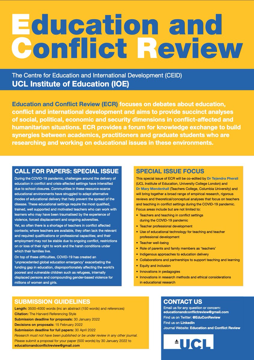 If you are researching #teachers and/or #teaching in conflict settings, submit your abstract for 2500-2400 papers by January 30.<a href="/pherali/">Tejendra Pherali</a> &amp; <a href="/MaryMendenhall1/">Mary Mendenhall</a> are co-editing a special issue of Education &amp; Conflict Review, which will bring together a wide range of empirical studies