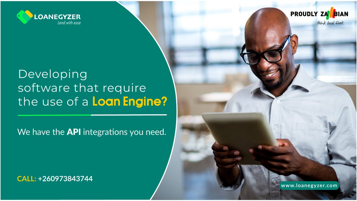 loanegyzer's tweet photo. #HappyNewWeek Increase productivity this week by concentrating on what you do best. Why start from the ground up to create a loan engine that tries to handle everything? We have successfully built the #credit components required for your app. 

#proudlyzambian #fintech #fintech4u https://t.co/P5ZOhJjCvI