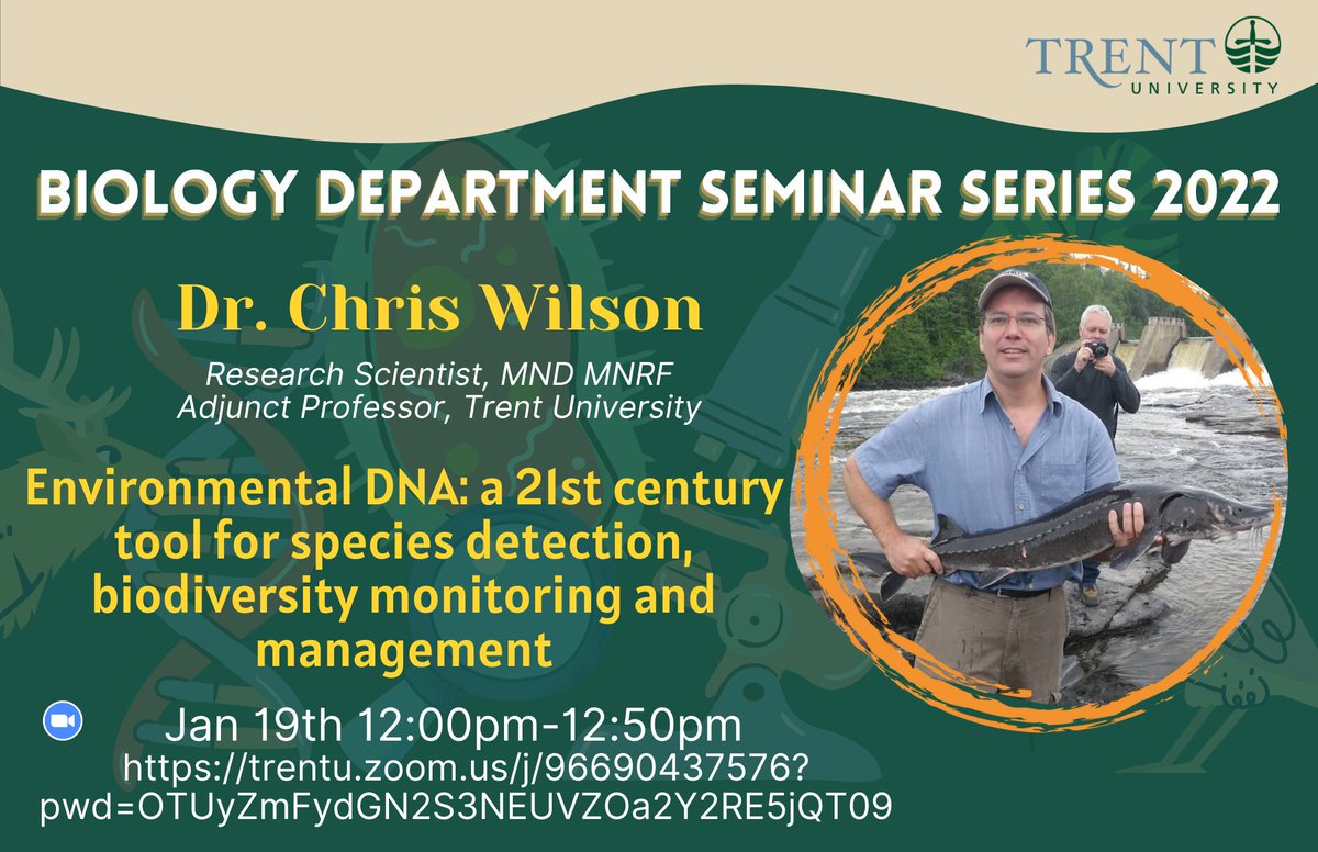 The week's seminar is by Dr. Chris Wilson on the different potential uses of eDNA (environmental DNA)