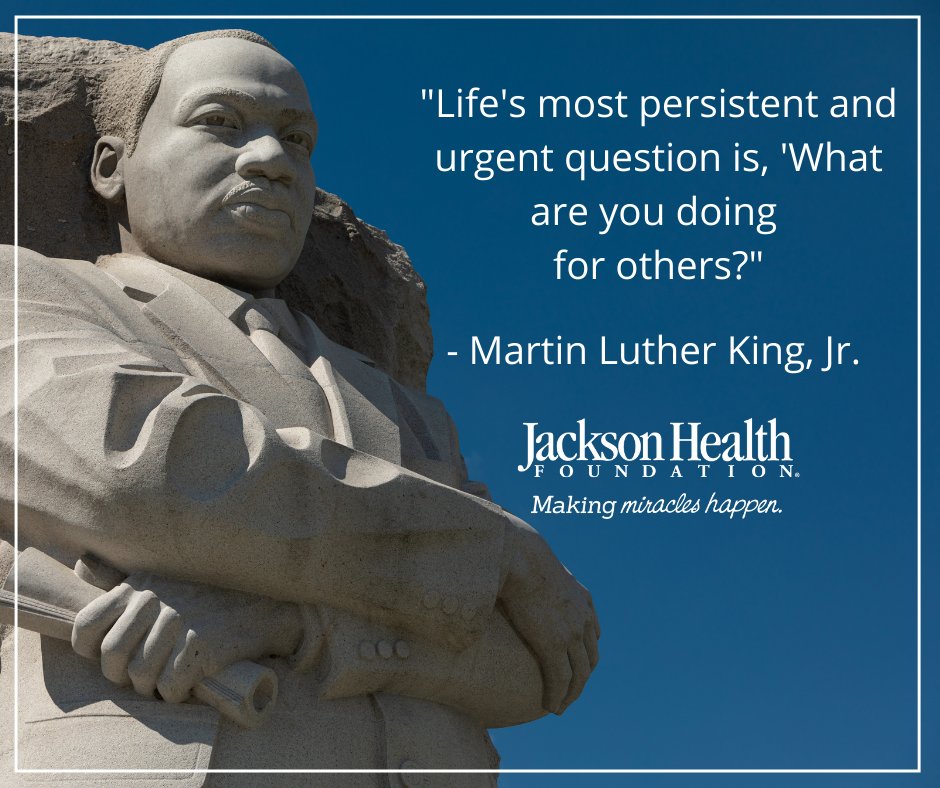 JHF_Jackson's tweet photo. Today, we honor the life and legacy of Martin Luther King, Jr. His selflessness and courage changed the world for the better and we continue to be grateful for his sacrifice. #MLKDay #SupportJHF #MakingMiraclesHappen #MLKDayOfService https://t.co/R1AGLFDsQy