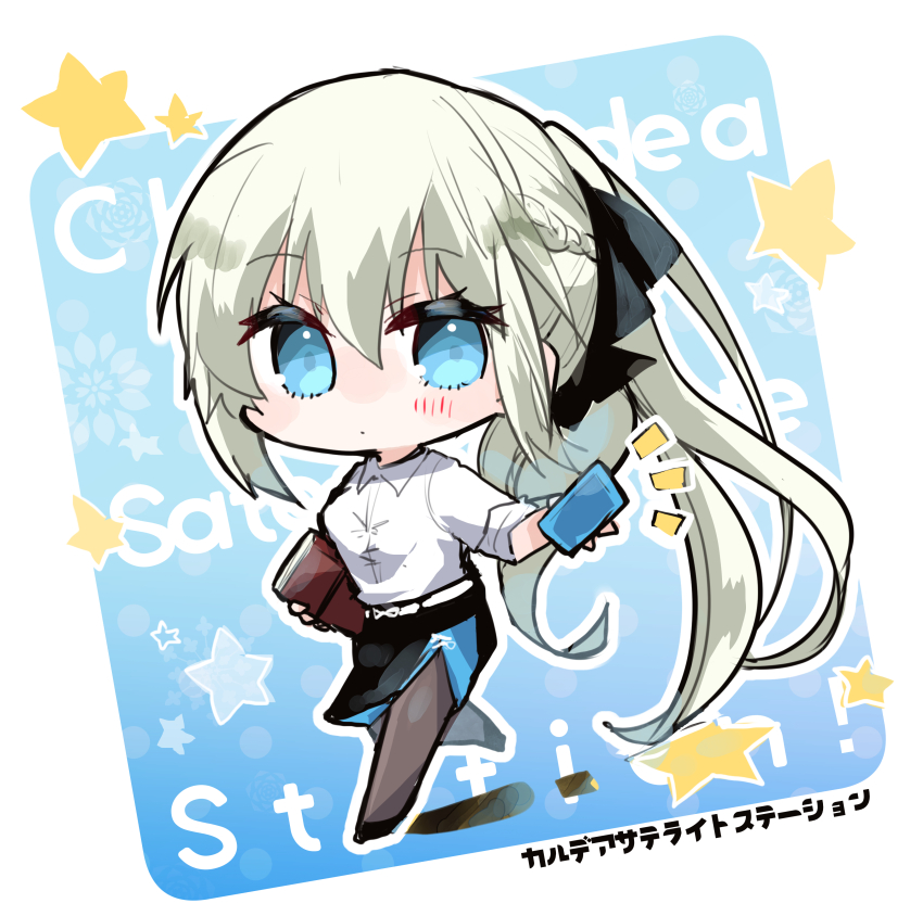 morgan le fay (fate) 1girl chibi blue eyes long hair solo ponytail shirt  illustration images