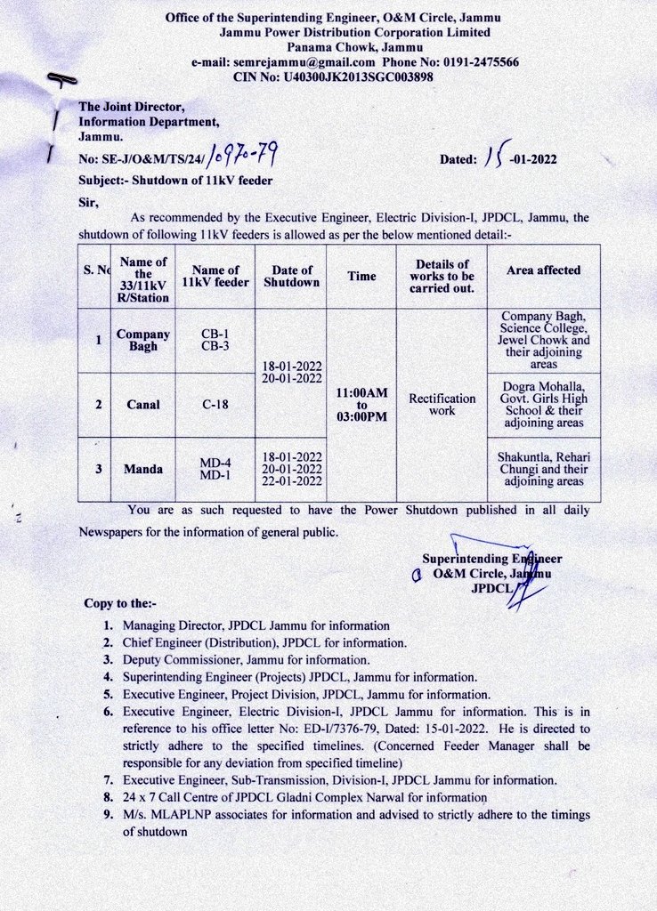 SEJAMMU_JPDCL's tweet photo. To execute different maintenance works, shutdown of following 11 KV Feeders is hereby approved for execution of work. 
Inconvenience Caused to the General Public is highly regretted. 
@pddjkofficial @diprjk @ChairmanJPDCL @JPDCLofficial @ChiefJammu @IstXen @XENJPDCLEDII @ITJPDCL https://t.co/7zIwG6wzMn