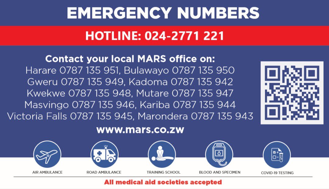 MARS_Zimbabwe's tweet photo. Should you be faced with a medical emergency, our 10 Bases are on stand-by 24/7 to assist you.
Scan our QR code to get information on our other services.
#BecauseEveryLifeCounts
#Ambulance https://t.co/8BEsiFZzMD