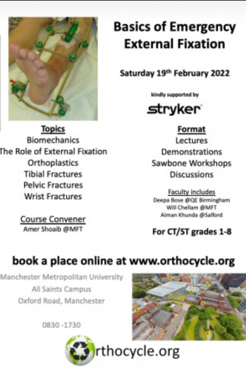 Orthocycle1's tweet photo. Feb 22 Orthocycle course on External Fixation for Orthopaedic Surgeons....10th year!
Raising money to recycle your used boots and splints abroad and educating tomorrow's orthopaedic surgeons in the UK! We all win!
#trauma #orthopaedics #fracture #exfix #Orthocycle #Stryker https://t.co/x6qb1tMxYo