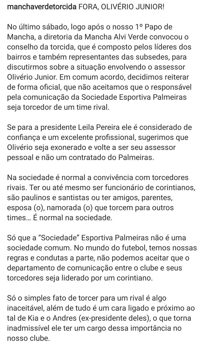 CentralDaSEP's tweet photo. Mancha Verde postou uma nota exigindo a saída de Olivério Junior, corintiano e contratado pelo Palmeiras por Leila Pereira https://t.co/KNFj7BTfYY