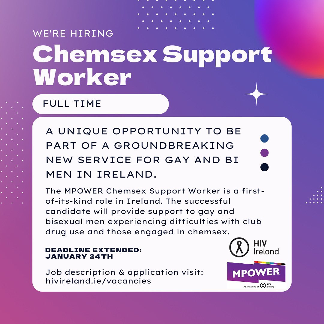 Adlers1's tweet photo. 1 week left to apply for the MPOWER Chemsex Support Worker role @HIVIreland.

A first-of-its-kind role in Ireland that offers a unique opportunity to respond to #chemsex and club drug use among gay &amp; bi men.

📩 https://t.co/AkOV6oQQdj for job description &amp; application. #JobFairy https://t.co/QBirv8XOOP