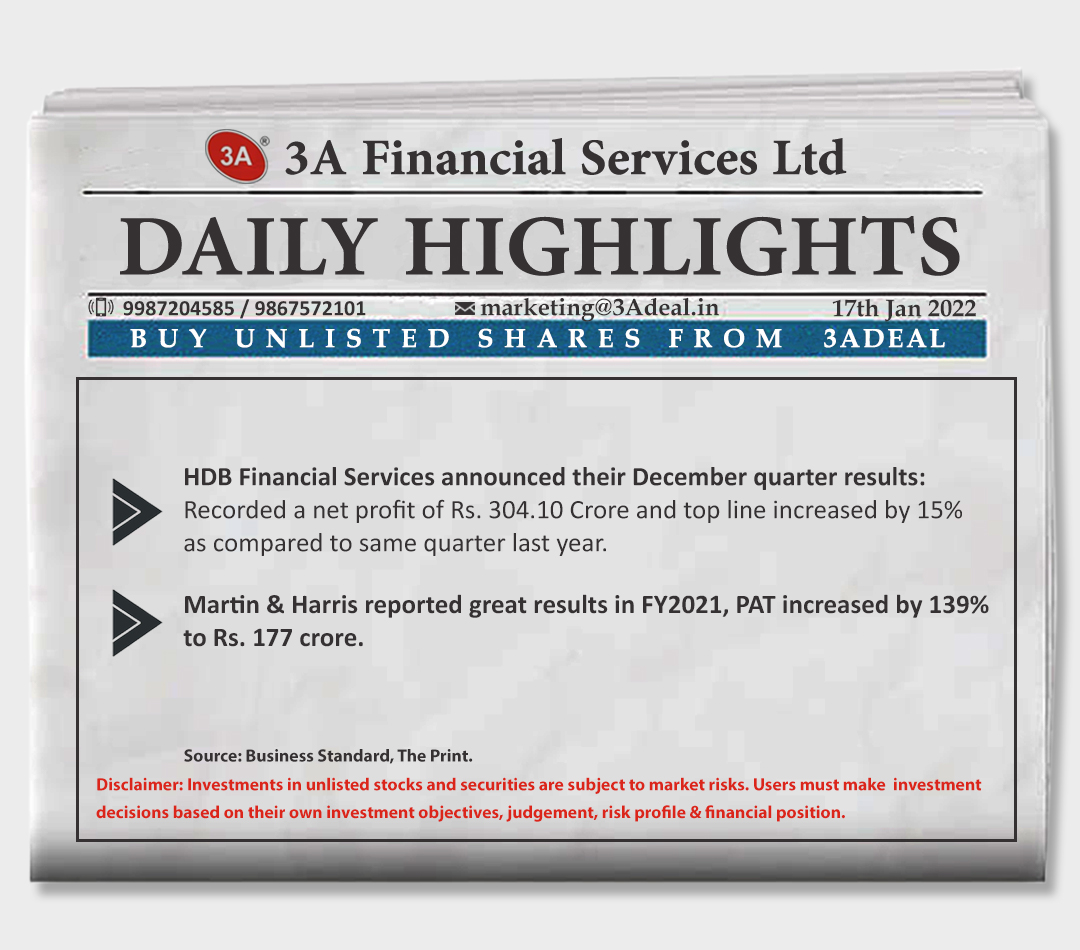 3a_deal's tweet photo. Unlisted Market Highlights (17/1/2022)
We deal in #UnlistedShares & Securities. #BuyUnlistedShares Online.
For Quick Booking : https://t.co/lsQkkxthA4
Click on the below link and drop your query on WhatsApp:
https://t.co/I2K7gVZZMt
.
.
#3ADeal #unlistedshares #StockMarketindia https://t.co/vsmXJyyqeG