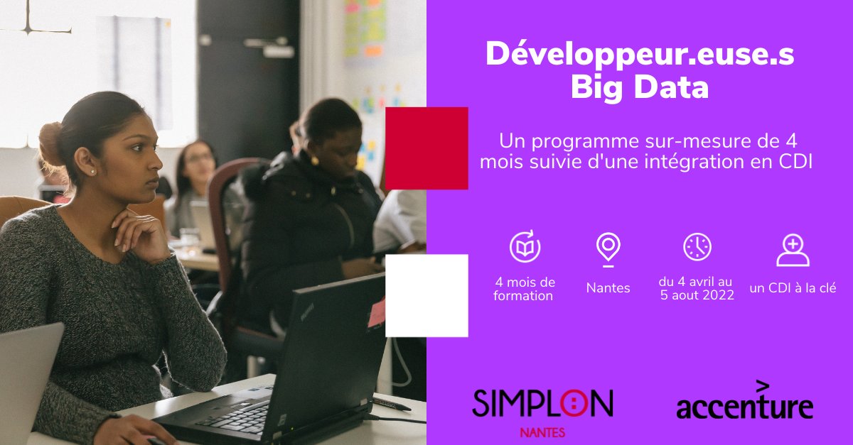 Formez-vous et soyez embaucher directement en #CDI avec #Accenture et Simplon 🎉
Renseignements : ow.ly/oVCG50HvSxw
📅 5 avril 2022 pour une durée de 4 mois
📍 Nantes
⏰ Places limitées
💵 Formation gratuite financée par  Pôle emploi

#emploi #inclusion #numerique