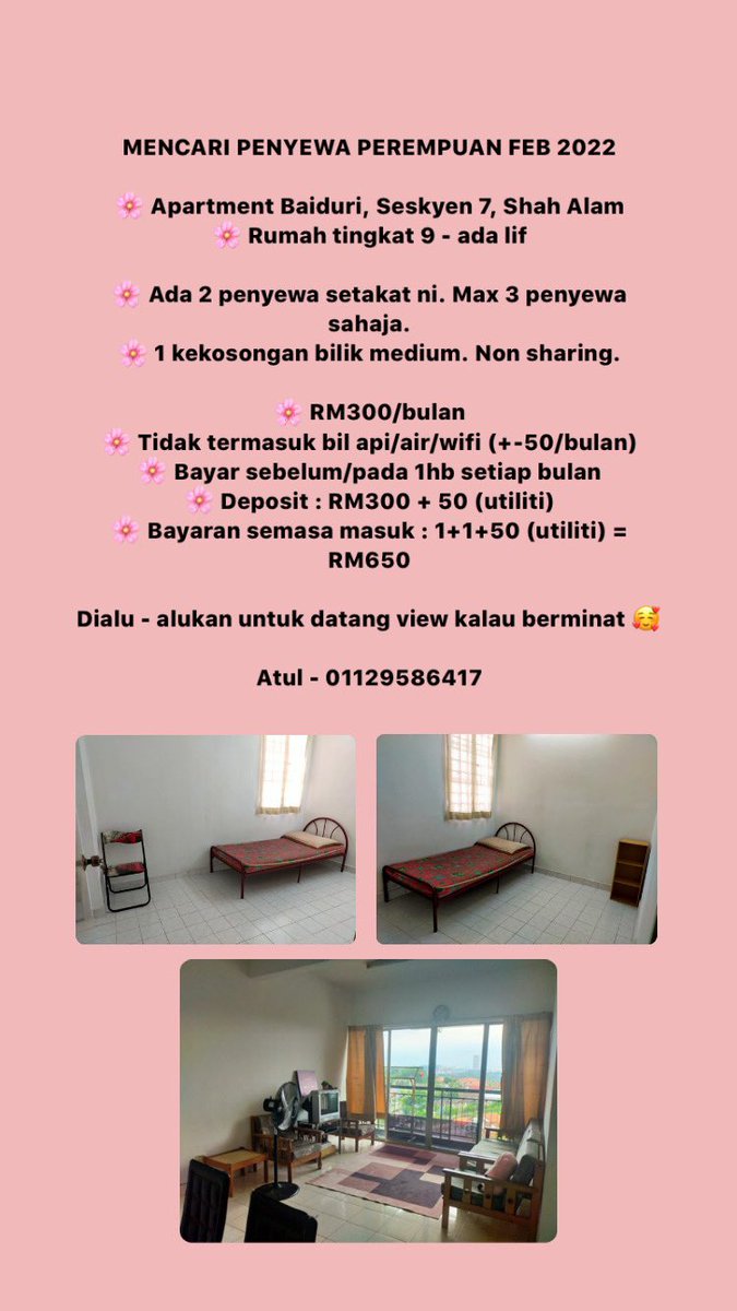 cidaaatul's tweet photo. Hai semua! Saya sedang mencari penyewa perempuan untuk kemasukan Feb 2022.

🏢 Apartment Baiduri Seksyen 7, Shah Alam

Minta tolong rt tq! :) https://t.co/TjoQN4l7ZJ
