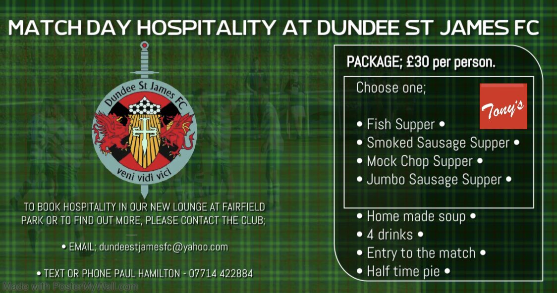 dundeestjamesfc's tweet photo. ❕ Hospitality update ❕

🗣 Limited spaces available for our 1st ever hospitality where we welcome Carnoustie Panmure to Fairfield Park. 

To book a seat or table, please get in touch; 

Email: dundeestjamesfc@yahoo.com 

Text or phone Paul Hamilton: 07714422884 

🟢⚪️🟢 https://t.co/zpG8gOHR4H