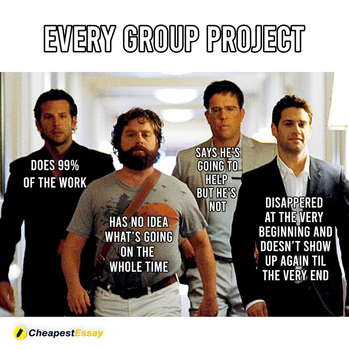 CheapestEssay's tweet photo. Relate? We all know the struggles of being the one on the left side. Having no one to help you with the work is kinda draining. 

Good thing CheapestEssay offers any type of academic paper.

#ClassroomMeme #GroupStudyMeme #AcademicHelper https://t.co/B3M979QF7Q