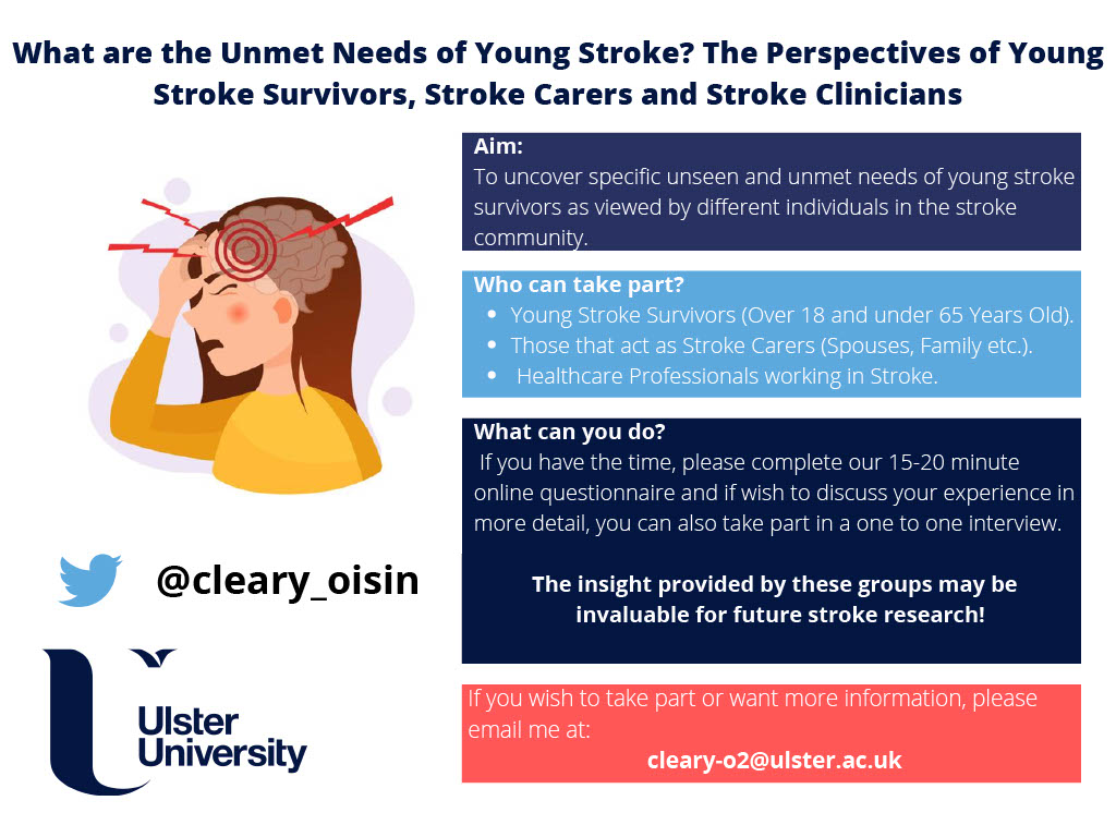 Have you experienced a stroke at a young age (under 65) or cared for someone who did?🧠

Take part in a research study examining the specific unseen &amp; unmet needs of young stroke survivors!

If you are interested, contact the email below!✉️ 

#stroke #youngstroke #strokesurvivors
