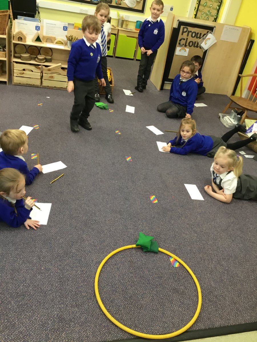 Reception class have been looking at the composition of 4 and 5. We split into two teams and competed against each other. The aim was to throw 5 beanbags into the hoop. Whichever team got the most beanbags into the hoop won. The children recorded their scores onto tally charts!