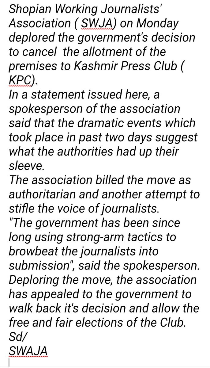 GulzarBhatt's tweet photo. Shopian Working Journalists' Association ( SWJA) on Monday deplored the government's decision to cancel  the allotment of the premises to Kashmir Press Club ( KPC). @moazum_m @ShujaUH @AnuradhaBhasin_ @PCITweets https://t.co/5hjLkURQsX