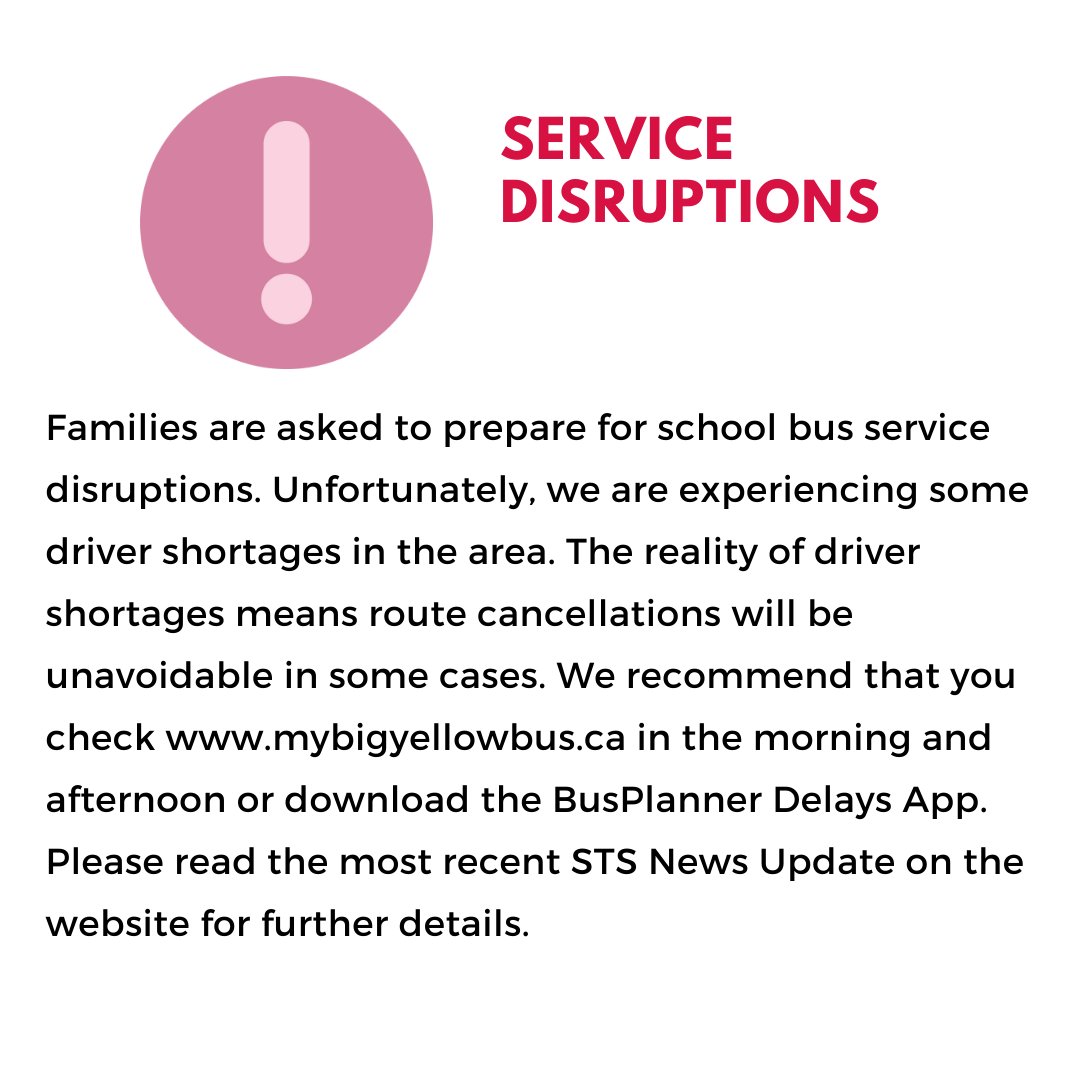 Unfortunately, we are experiencing some driver shortages in the area and families are asked to prepare for service disruptions.  Read our STS News Updates for the latest information.  <a href="/TVDSB/">Thames Valley DSB</a>  <a href="/LDCSB/">London District Catholic School Board</a>