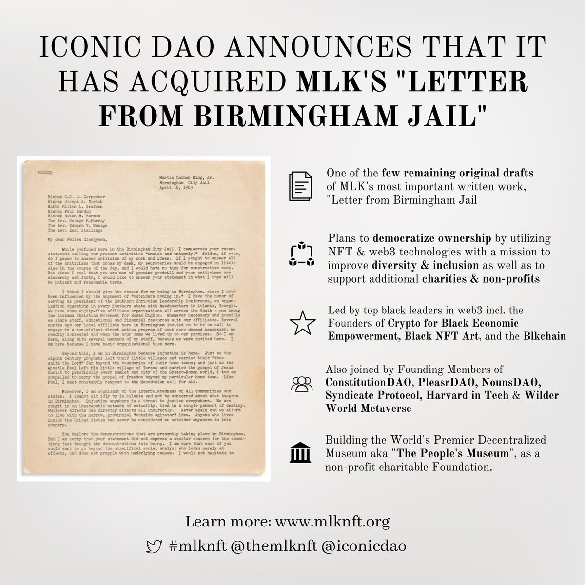 ICONIC DAO ANNOUNCES THAT IT HAS ACQUIRED MLK'S "LETTER FROM BIRMINGHAM JAIL"