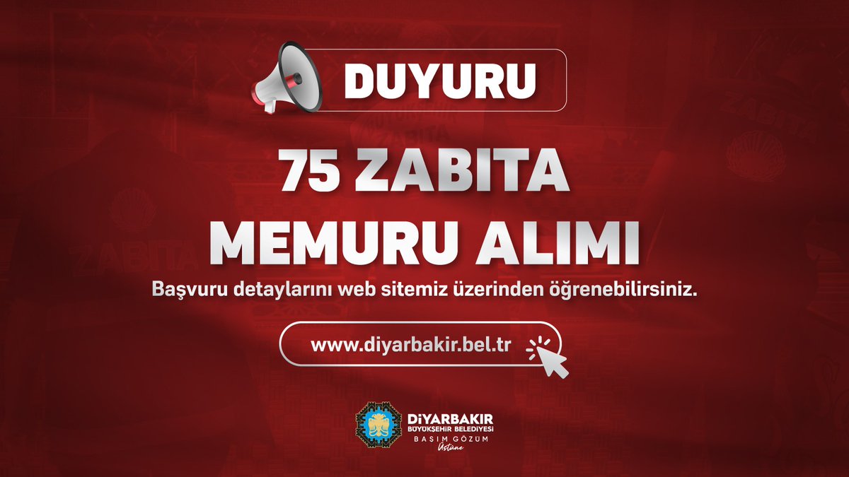 diyarbakirbld's tweet photo. "75 Zabıta Memuru Alımı" gerçekleştiriyoruz.

24 - 28 Ocak 2022 tarihleri arasında
Ali Emiri Toplantı Salonu'na gelinerek imzalı başvuru formu ve istenilen diğer belgelerle şahsi başvuru yapılması gerekmektedir.

Başvuru formu ve ayrıntılar için 👇
🌐 https://t.co/nWakkwvdQ7 https://t.co/JylKgbtG3P