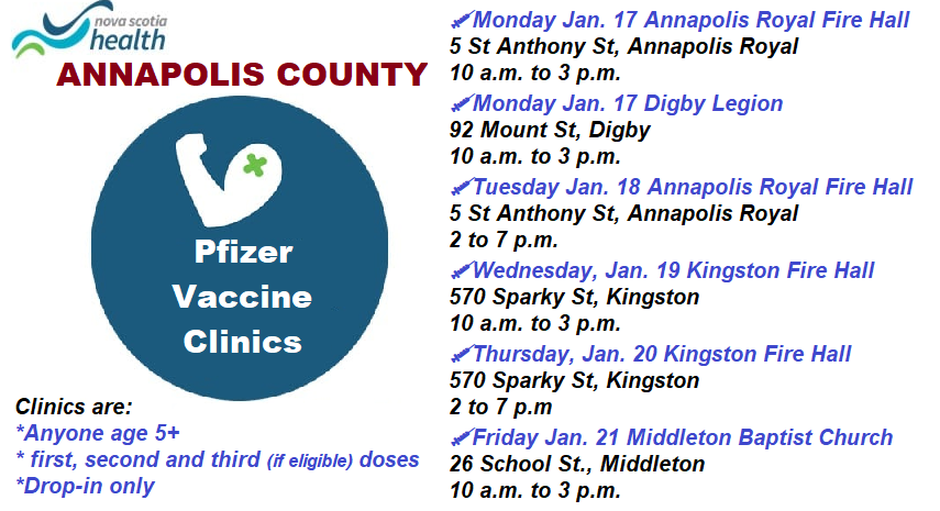 Drop-in Pfizer vaccine clinics scheduled in Annapolis County - Jan 17-21, 2022
nshealth.ca/drop-in-vaccin…
