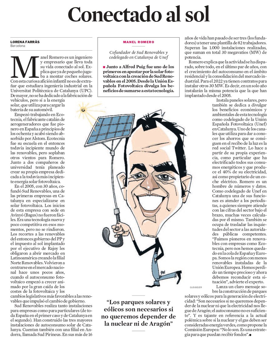UNEFotovoltaica's tweet photo. Compartimos con vosotr@s el perfil que este fin de semana le ha dedicado @Lfarras de @LaVanguardia a @manelromo, nuestro codelegado en Cataluña, #UNEFCAT https://t.co/HA4r5kAHmZ
