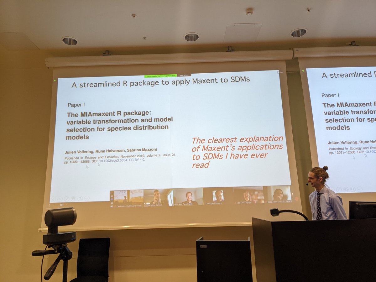 In the midst of his <a href="/UniOslo_NHM/">Naturhist. museum</a>  phd defence on invasive Sitka spruce in Norway at @hvl_no in Sogndal: <a href="/julienvollering/">Julien Vollering</a> gets recognizion for his remarkable job by first opponent Paul Caplat.