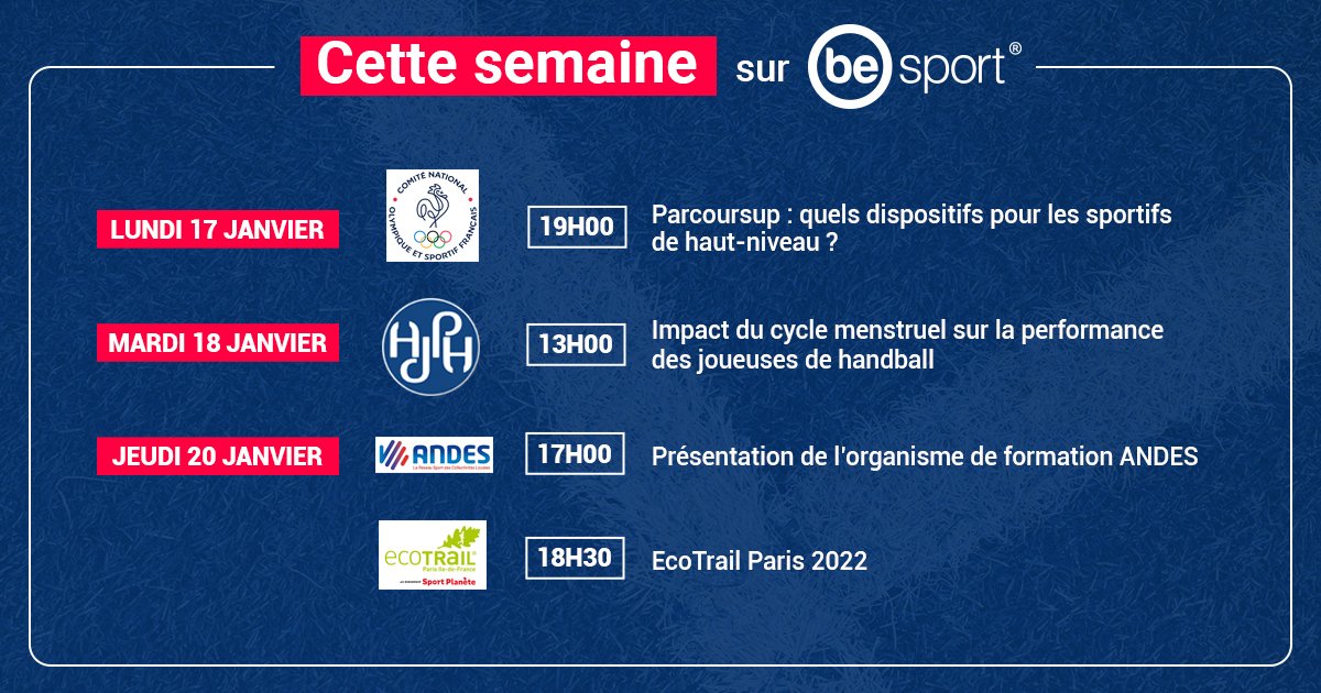 Le programme des webinaires de la semaine ! 📆

<a href="/FranceOlympique/">FranceOlympique</a> : besport.com/event/7490047

<a href="/AJPHandball/">AJPH</a> : besport.com/event/7461551?… 

<a href="/ReseauAndes/">ANDES</a> : besport.com/event/7461511

<a href="/EcoTrailParis/">EcoTrail Paris</a> : besport.com/event/7503456