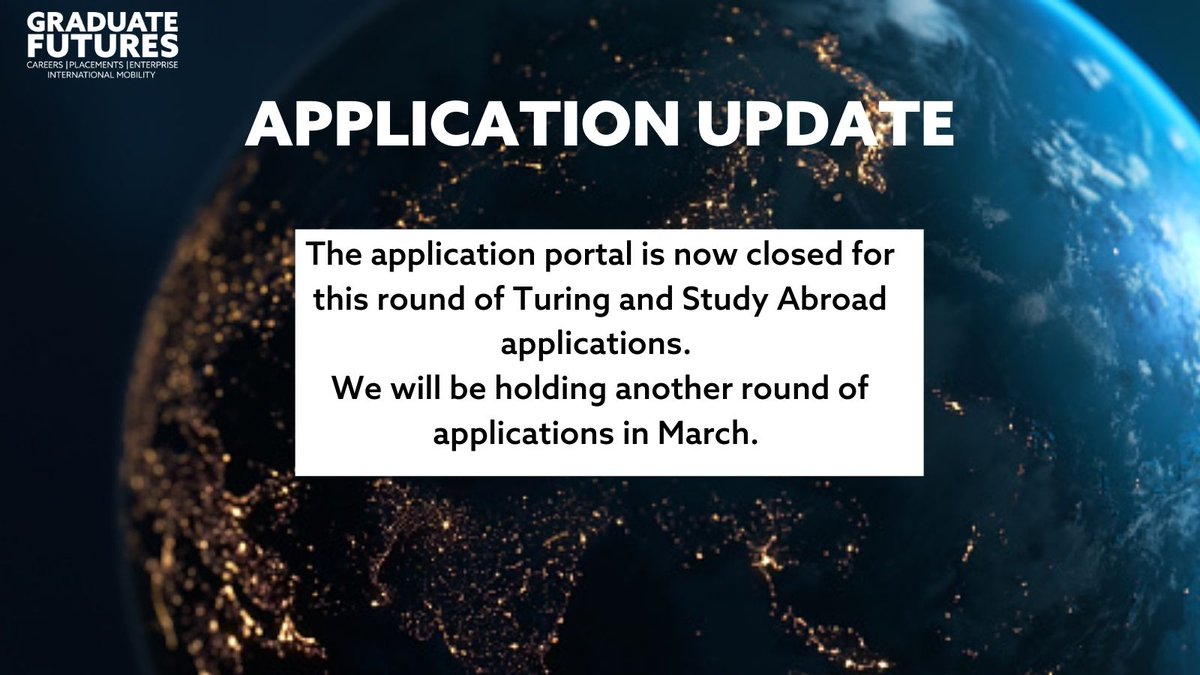 StudyAbroadNU's tweet photo. Applications are now closed.

If you would still like to study abroad or take part in one of our Turing opportunities, you will have the chance to apply in March. 

#studyabroad #nustudyabroad #nustudentsabroad #Turing https://t.co/9DnwVk1dpC