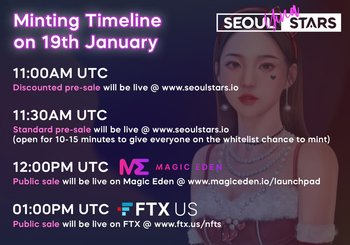 🔥 Like and retweet to win a RARE Yuna 🔥

We are minting our Gen 2 NFTs on Magic Eden and FTX NFT launchpads on Jan 19th. FTX is a top 10 exchange and Magic Eden is known for selling out all NFT projects!

Here's a guide on how to mint
📃 seoulstars.io/launchpad