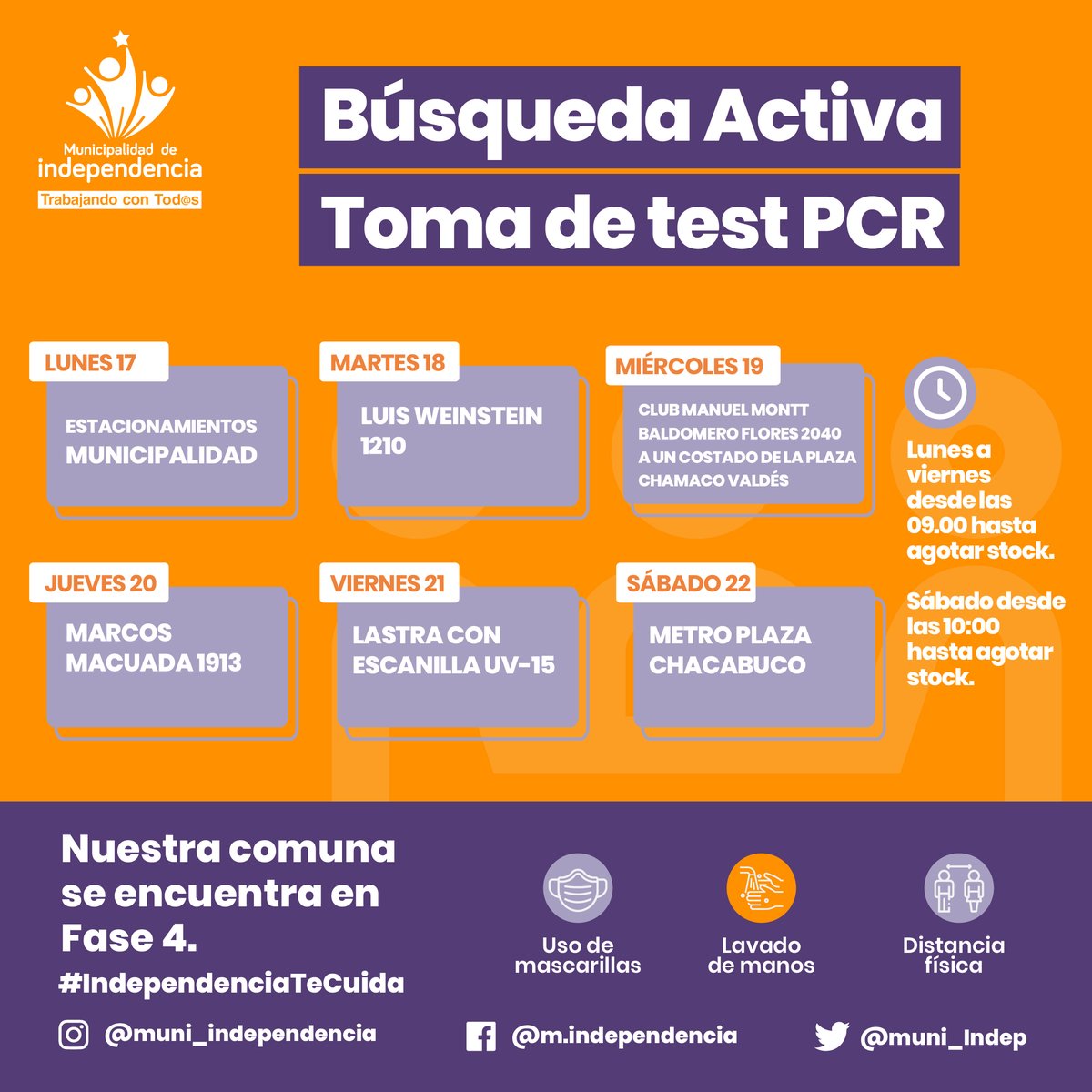📅Calendario semanal
😷Búsqueda activa de PCR
⏰Lunes a viernes desde las 09.00 hasta agotar stock.
⏰Sábado desde las 10.00 hasta agotar stock.
#pandemia #independenciatecuida