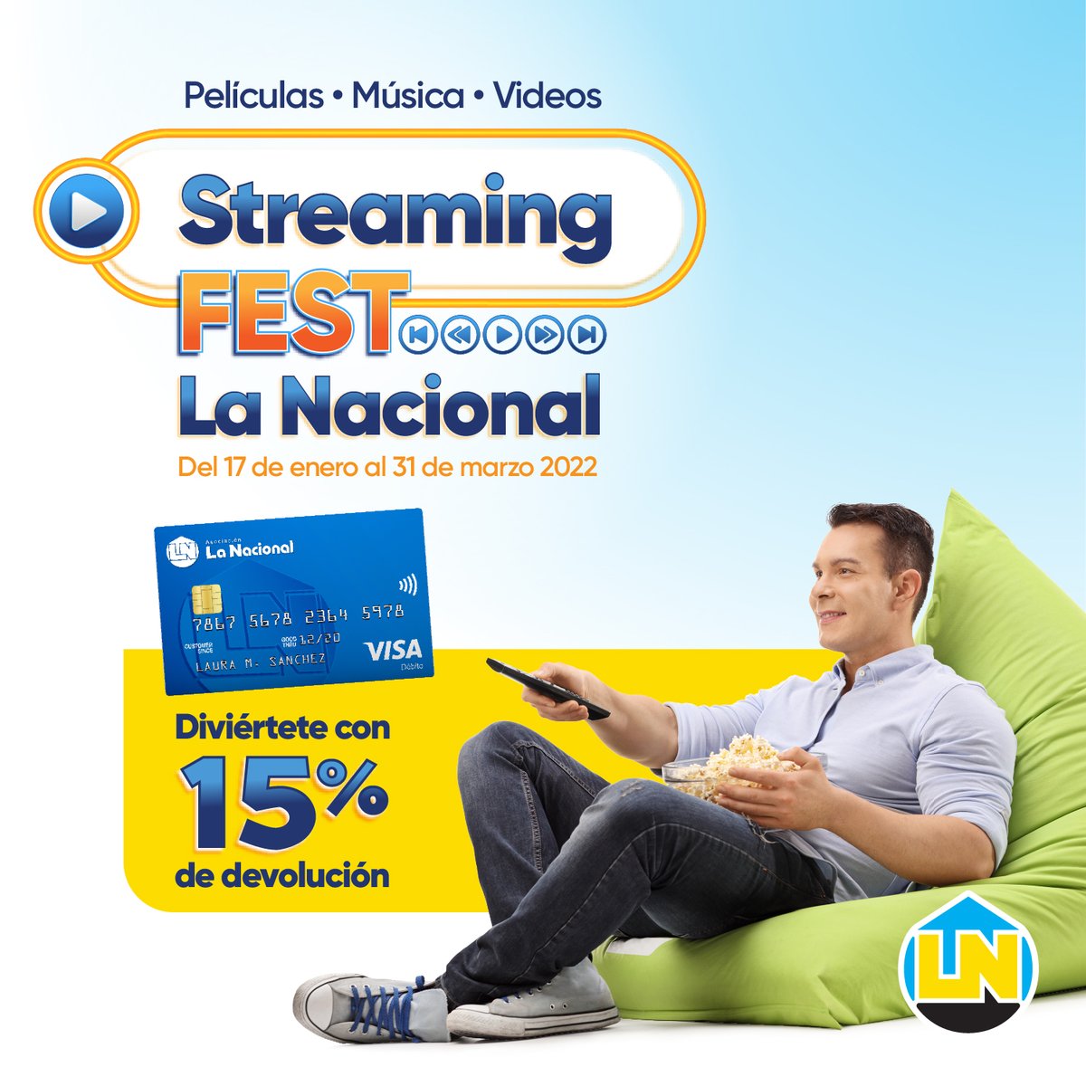 AsocLaNacional's tweet photo. Disfruta de tu música, películas y videos con el #StreamingFest #LaNacional. Recibe un 15% de devolución al pagar tus servicios de streaming de #Netflix, #Spotify, #YouTube con tu #TarjetadeDébitoLaNacional. Conoce más: https://t.co/CsmWGdg35P https://t.co/jLSowTi8jr