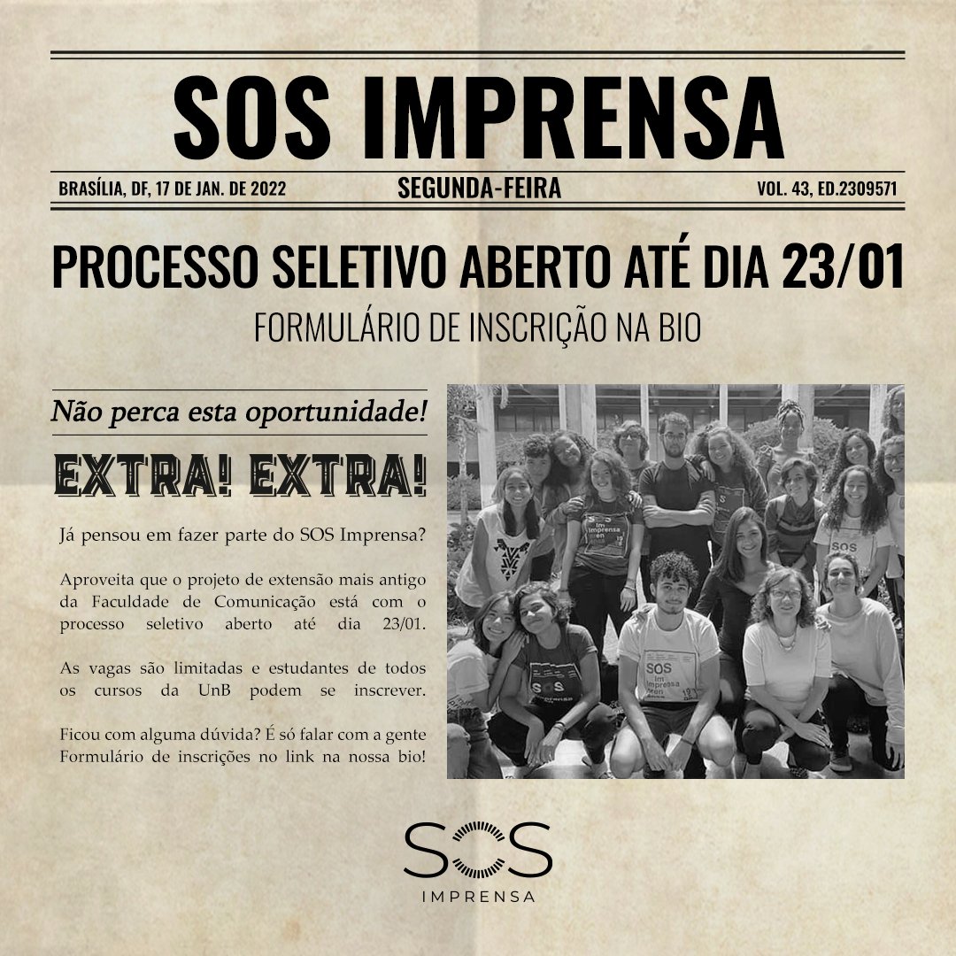 sosimprensa's tweet photo. Já pensou em fazer parte do SOS Imprensa? 

Aproveita que o projeto de extensão mais antigo da Faculdade de Comunicação está com o processo seletivo aberto até dia 23/01.
Ficou com alguma dúvida? É só falar com a gente ;)

Formulário de inscrições no link: https://t.co/Fj7dAfG6Iz https://t.co/GZoLeLHWjS