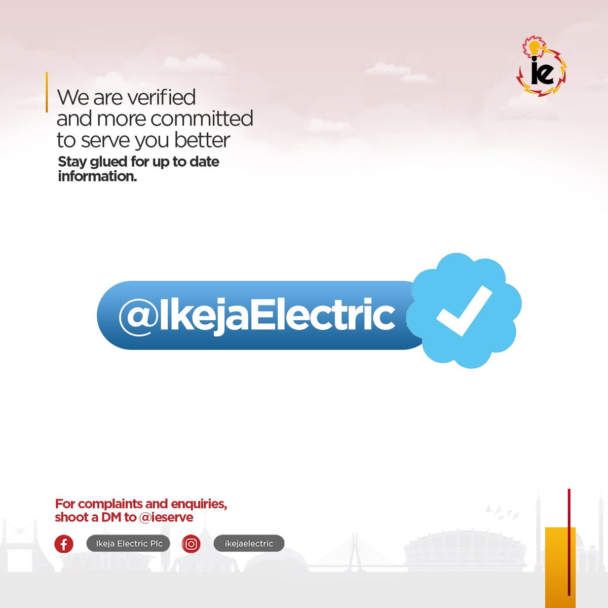 IkejaElectric's tweet photo. We are verified and even more committed to serve you better. Stay glued for verified and up to date information.
For enquiries and complaints, please shoot us a DM on @ieserve or speak to a customer service representative on 01-7000250.
#ikejaelectric
#bringingenergytolife https://t.co/q60o3aTc7Z