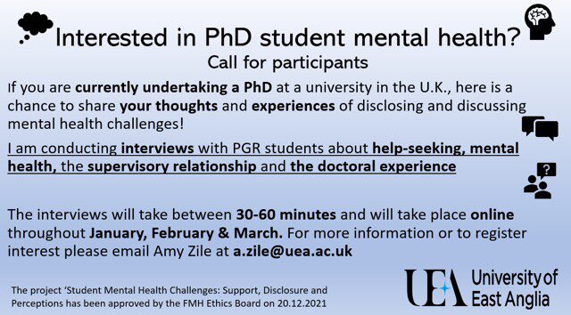 Are you a PhD student in the UK? I’m interviewing UK PhD students on their experiences of discussing and disclosing #mentalhealth with their supervisors, help-seeking and the doctoral experience! please DM me, or email a.zile@uea.ac.uk for more information/ to register interest