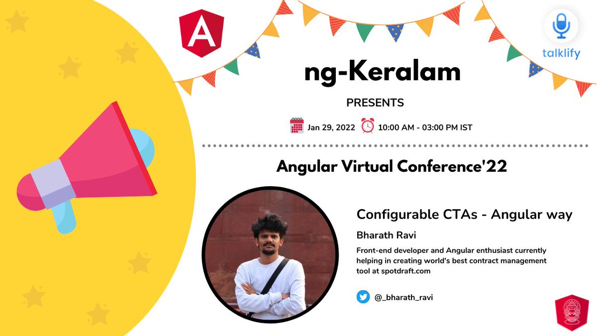 ng_keralam's tweet image. Join us with @_bharath_ravi at @Angular Virtual Conference&apos;22 and let us explore Configurable CTA&apos;s
📅 29th January 2022
🕐 10:00 AM - 03:00 PM IST
👉 Reg Link - townscript.com/e/angular-virt…
#angular #ngKeralam #conference